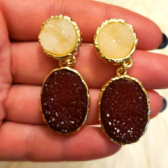 New Gold Druzy Quarts Stones Drop Earrings - Picture 7 of 7
